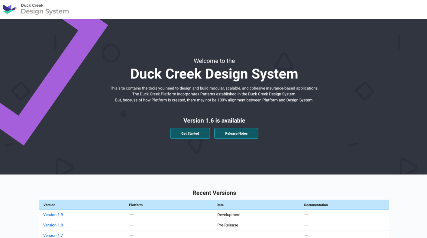Duck Creek Design System welcome page with version 1.6 and the recent versions table
